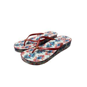 Tory Burch Womens Red Blue Thandie Floral Wedge Flip Flop Sandals Size 11